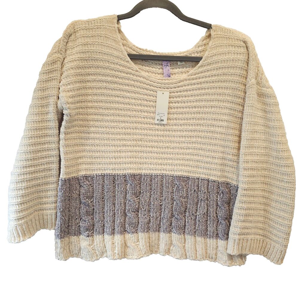 Alya Franchesca's Boutique Chenille Colorblock Cable Knit Sweater Cream Gray M